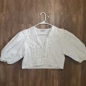 Zara Lace Crochet Crop Puffsleeve Blouse Size Small White V-Neck Cottagecore